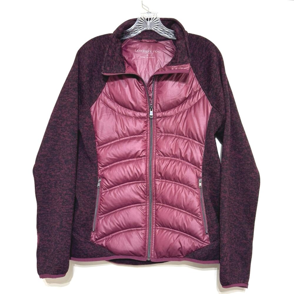 London Fog Women's Full Zip Long Sleeve Down + Knit Puffer Jacket M Burgundy